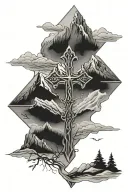 Cross with winter mountains inside  tattoo design idea