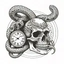 skull and snake coiled snake above the clock tattoo design idea