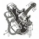 A mechanical arm playing a guitar, with binary code flowing out of the strings tattoo design idea