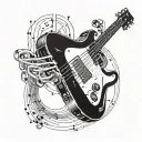 A mechanical arm playing a guitar, with binary code flowing out of the strings tattoo design idea