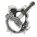 A mechanical arm playing a guitar, with binary code flowing out of the strings tattoo design idea