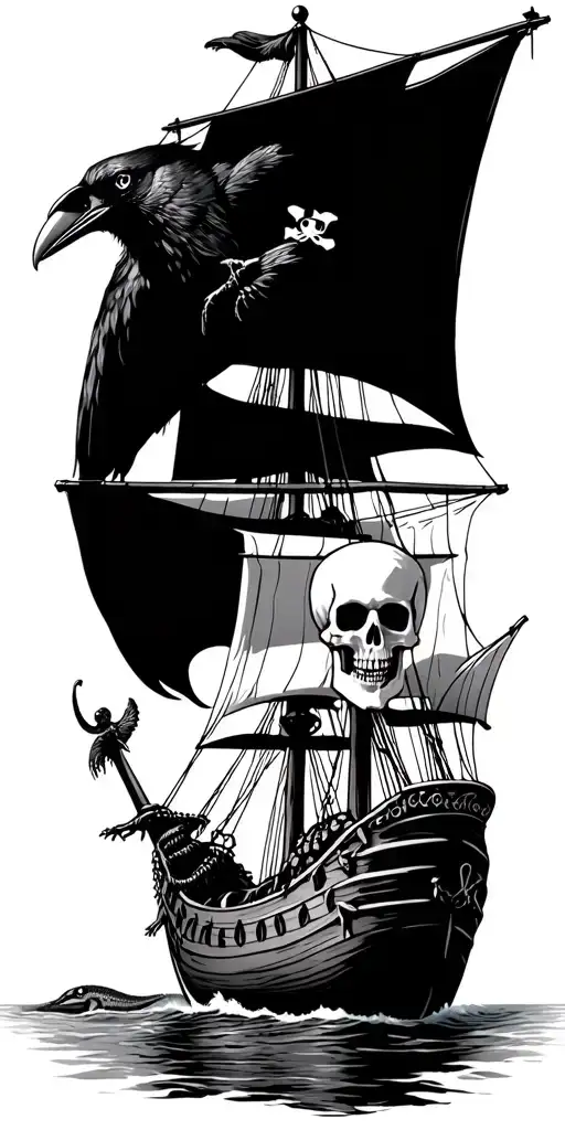 skeleton pirate ship, with a crow,florida elements such as a gator, and gadsden flag elements tattoo design idea