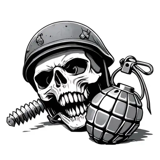 Skull with helmet pulling pin on grenade with teeth tattoo design idea