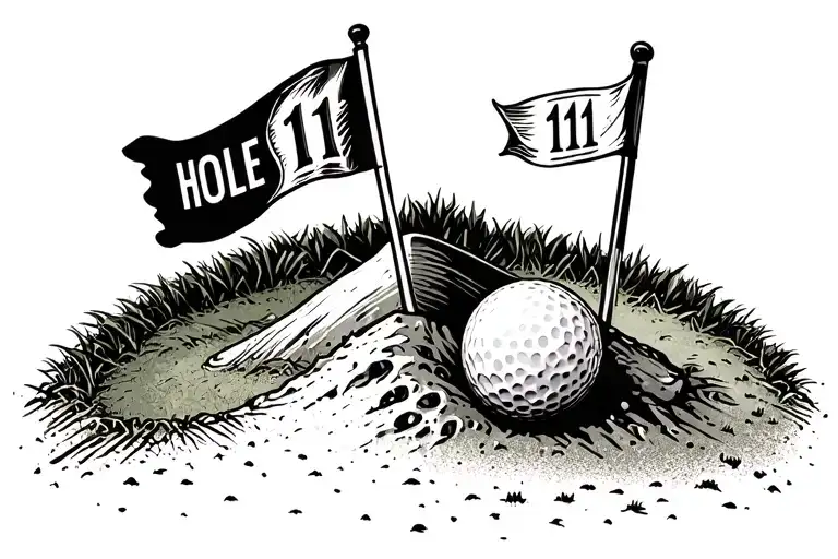 golf ball in bunker next to the golf green, with the flag displaying hole 11 tattoo design idea