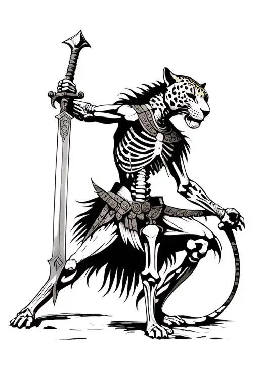 realistic human skeleton jaguar warrior aztec wielding his sword tattoo design idea