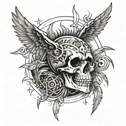 Fire, stars, wings, satanic, skull, Native American, in lines tattoo design idea