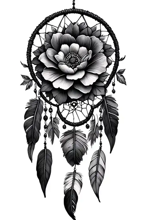 fine line, flowers, dream catcher entangled tattoo design idea
