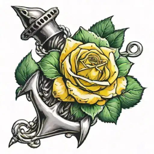 yellow rose, green stem and  silver anchor wrapped tattoo design idea