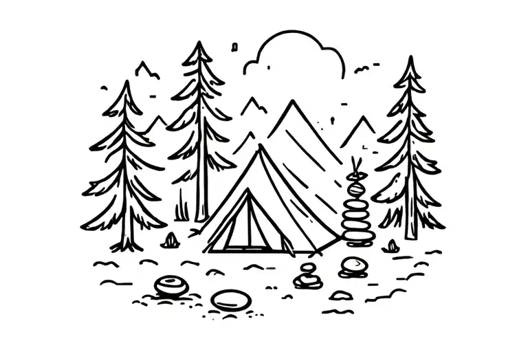 A minimalist fine line tattoo of a camping scene including a tent, trees,  small stack of balancing stones, glow campfir tattoo design idea