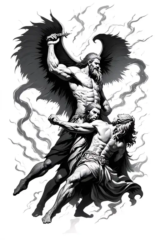 Odin and Zeus fighting in thunderstorm brewing tattoo design idea