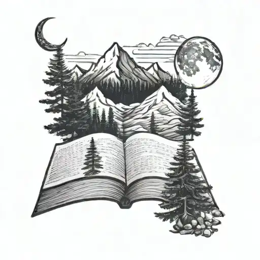 evergreen trees, mountains, book open, moon tattoo design idea
