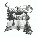evergreen trees, mountains, book open, moon tattoo design idea