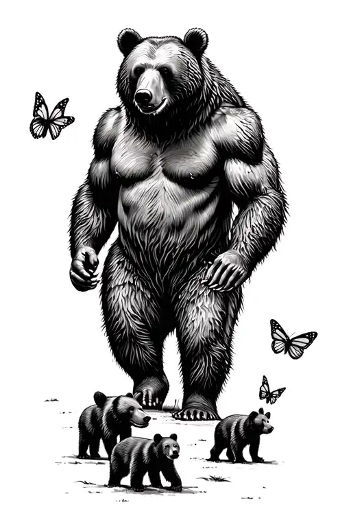 Papa bear and 3 black bear cubs and 2 monarch butterfly walking in the wilderness trees tattoo design idea