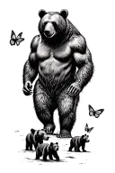 Papa bear and 3 black bear cubs and 2 monarch butterfly walking in the wilderness trees tattoo design idea