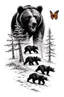 Papa bear and 3 black bear cubs and 2 monarch butterfly walking in the wilderness trees tattoo design idea