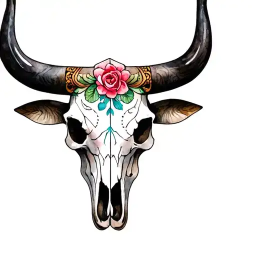 bull skull with sugar skull markings all over and Libra scales tattoo design idea