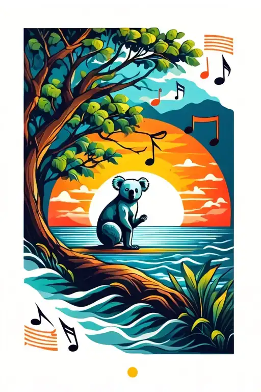sunset over the ocean and music note intertwined and a tree with a koala  tattoo design idea