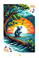 sunset over the ocean and music note intertwined and a tree with a koala  tattoo design idea