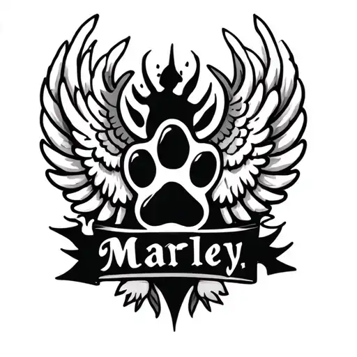 "Marley " "Marley " dog loss tattoo featuring paw print and angel wings tattoo design idea