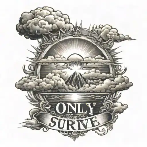 sun rays, clouds surrounding with the words 'Only The Strong Survive'  tattoo design idea