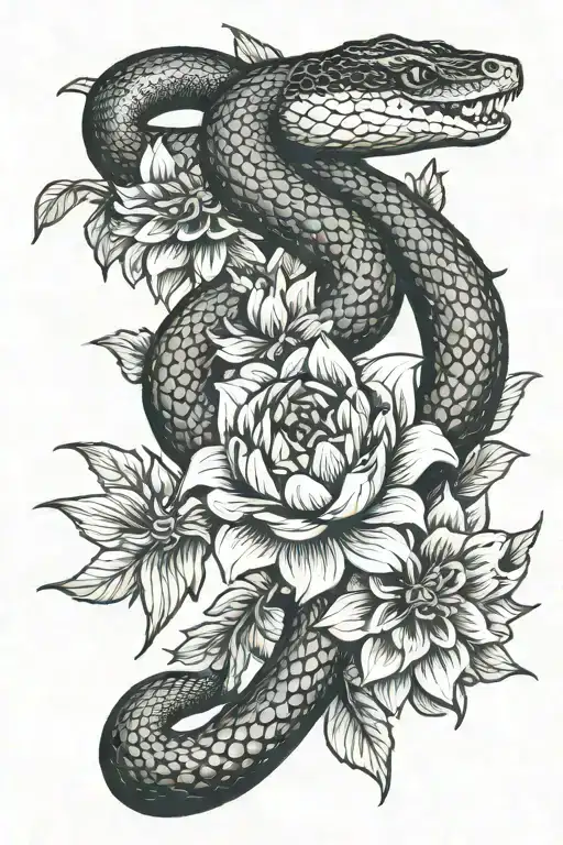 snake python, dahlia flower, ornemental tattoo tattoo design idea