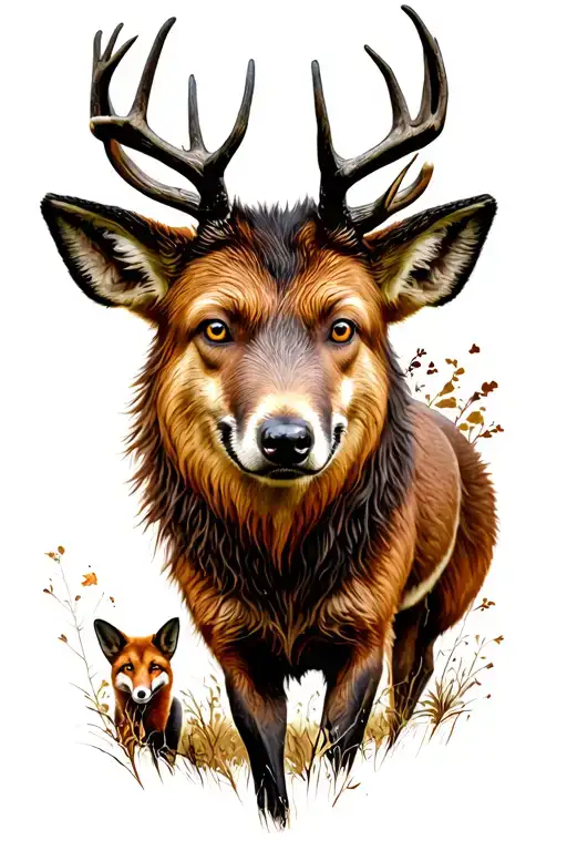 realistic composite on the theme of hunting. Forest animals: deer, deer fox boar dog Chasseress tattoo design idea