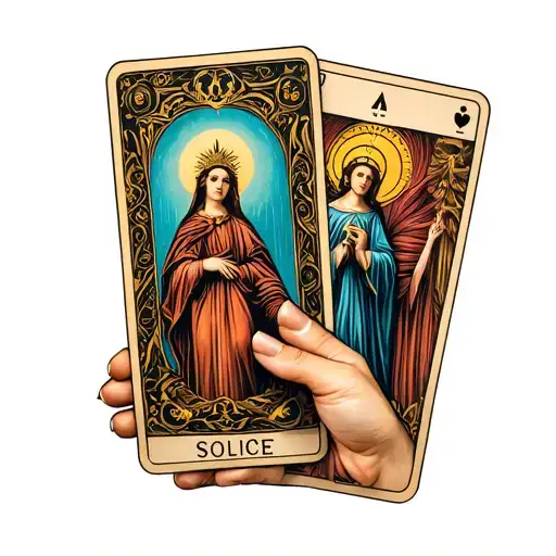 Hand that holds two Tarot cards, Solce and Empress tattoo design idea