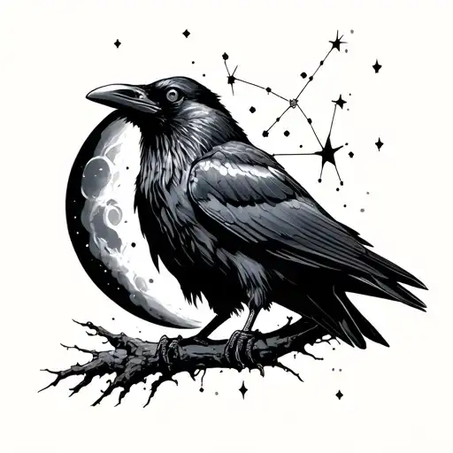 raven perched moon rising andromeda constellation stars tattoo design idea