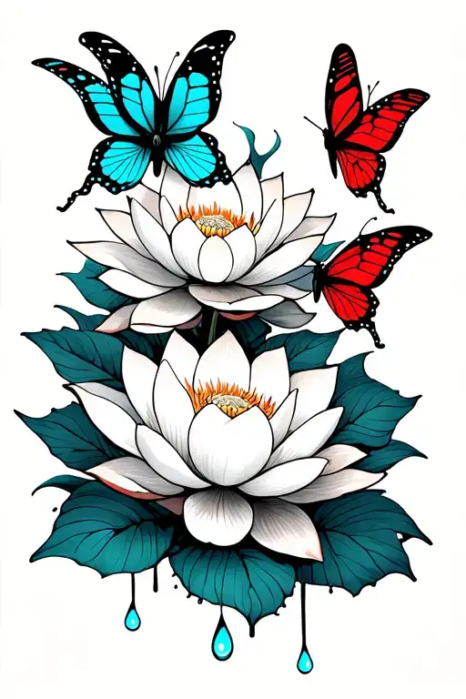 lotus with butterflies and drops of blood tattoo design idea
