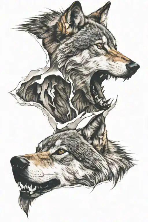 a realistic wolf head tearing the skin off my arm tattoo design idea