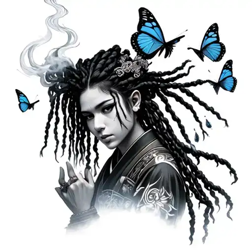 female samurai with dread lock smoking with butterflies around  tattoo design idea