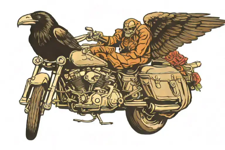 raven sitting on a harley bike with skull wearing tattoo design idea