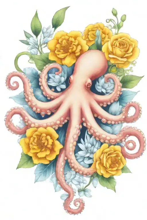 octopus, snowdrop, rose,  marigold flower tattoo design idea