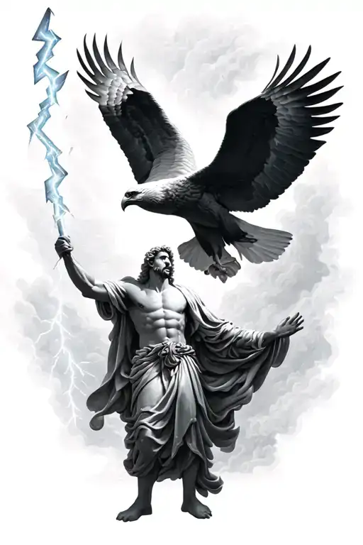 Zeus holding a lighting bolt with an eagle flying above tattoo design idea