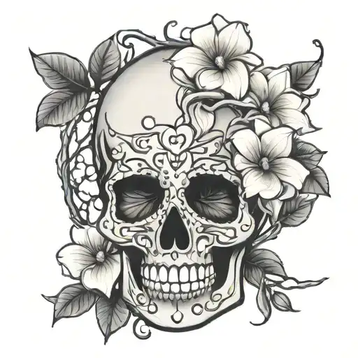 female candy skull with magnolia tree branches tattoo design idea