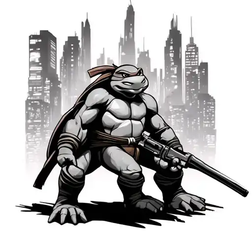 ninja turtles with splinter and city background black tattoo design idea