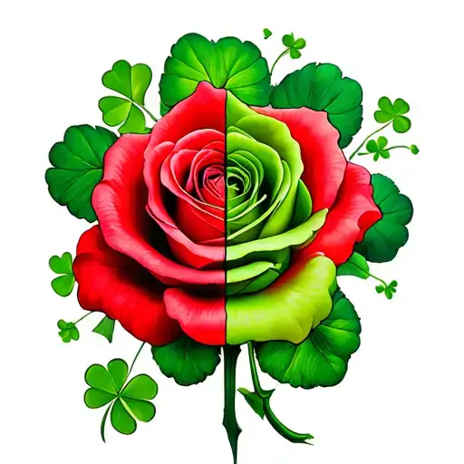 Half English rose in red and half irish shamrock in green tattoo design idea