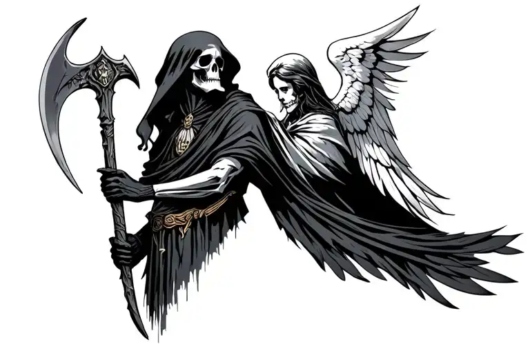 guardian angel vs dark grim reaper holding a scythe tattoo design idea