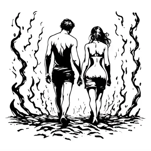 couple walking through hell tattoo design idea