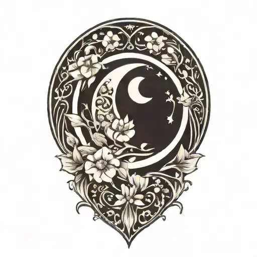 art nouveau, crescent moon, symmetrical floral design tattoo design idea