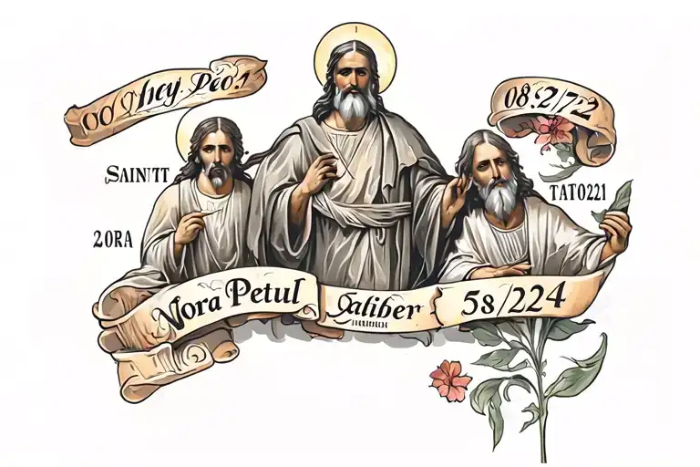 tattoo sleeve with Saint Peter and Saint Paul with the date 08/27/2021. also include the name Nora with the date 5/23/24 tattoo design idea