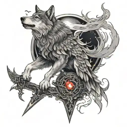 wolf with blood moon, a sword and a phoenix bird tattoo design idea