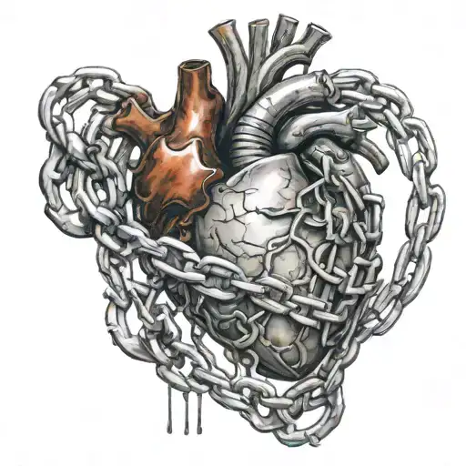 hyper-realistic, 8k, HDR, anatomical heart bound in iron chains, shown through partially torn open skin, color tattoo design idea