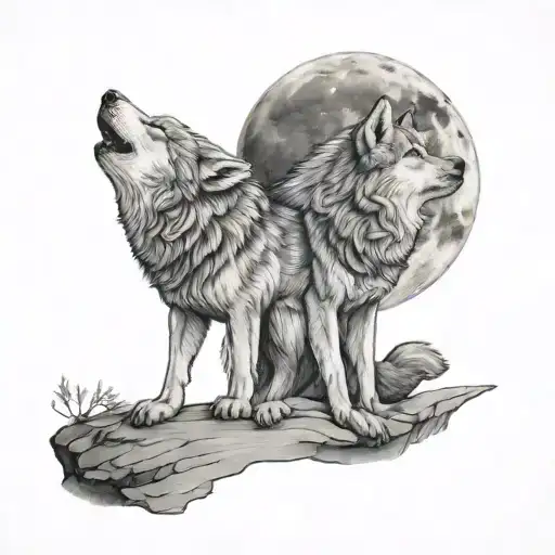 2 baby wolves howling at the moon and mom and dad tattoo design idea