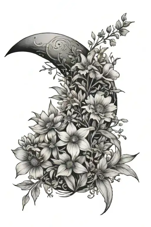 crescent moon surrounded by wild flowers thin lines tattoo design idea
