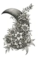 crescent moon surrounded by wild flowers thin lines tattoo design idea