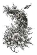 crescent moon surrounded by wild flowers thin lines tattoo design idea