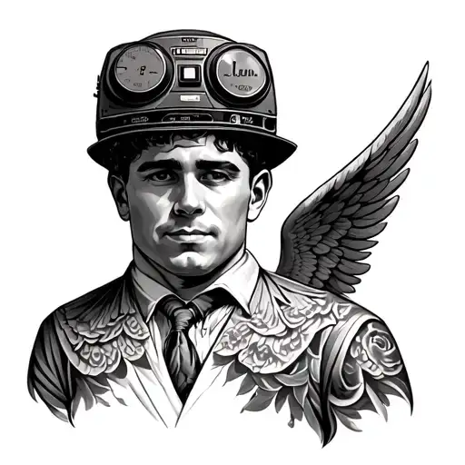 American traditional black and white tattoo of a man from the waist up with a radio for a head and angel wings  tattoo design idea