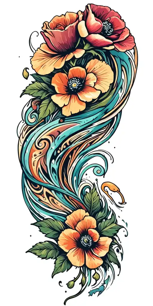  swirling hurricanes, paisley pattern and poppy flowers and roses tattoo design idea