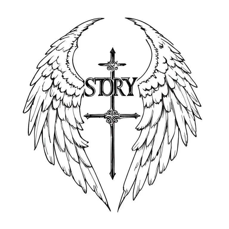 "Story & Cross" angel wings tattoo design idea